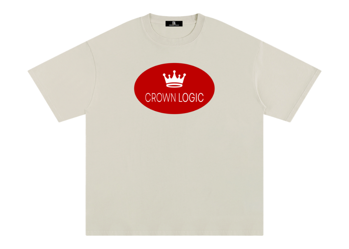 Beige t-shirt with a red logo and 'Crown Logic' text on a white background