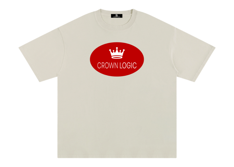 Beige t-shirt with a red logo and 'Crown Logic' text on a white background