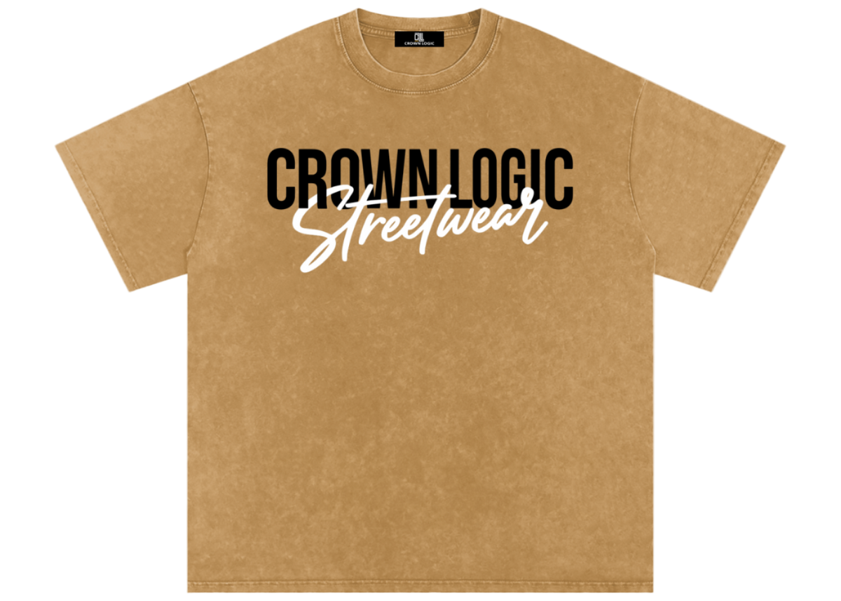 Tan t-shirt with 'Crown Logic Streetwear'