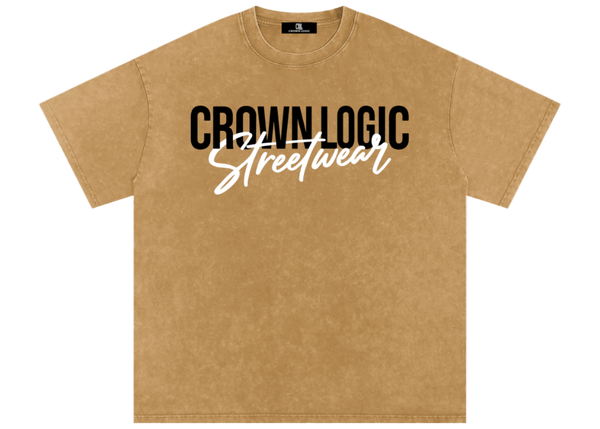 Tan t-shirt with 'Crown Logic Streetwear'