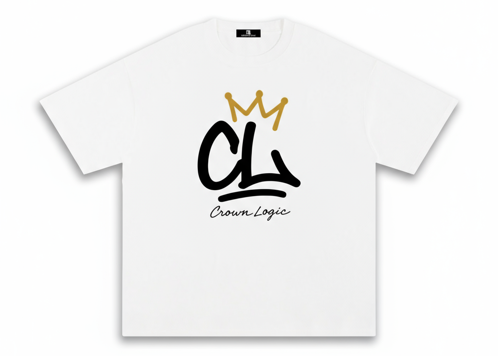 White t-shirt with 'Crown Logic' logo on a white background