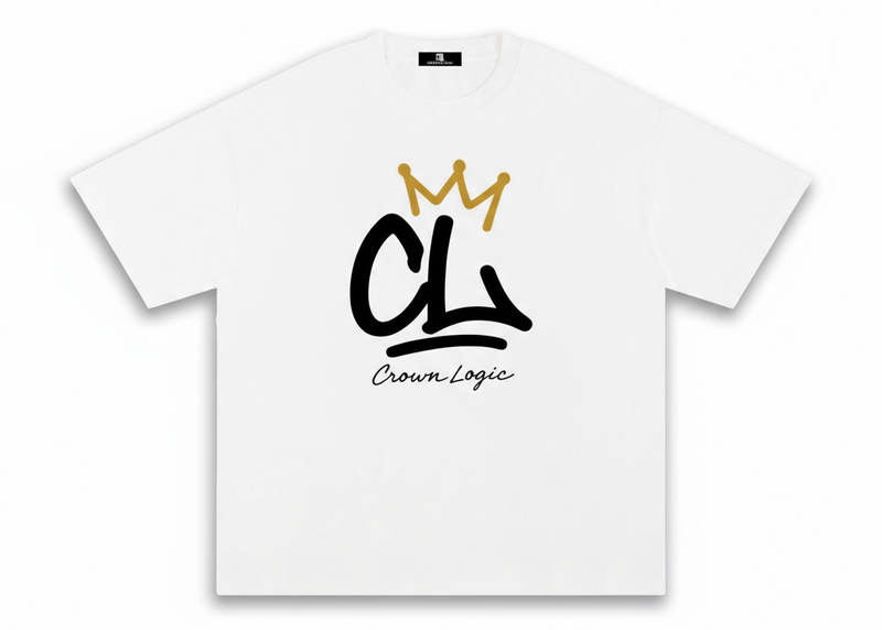 White t-shirt with 'Crown Logic' logo on a white background