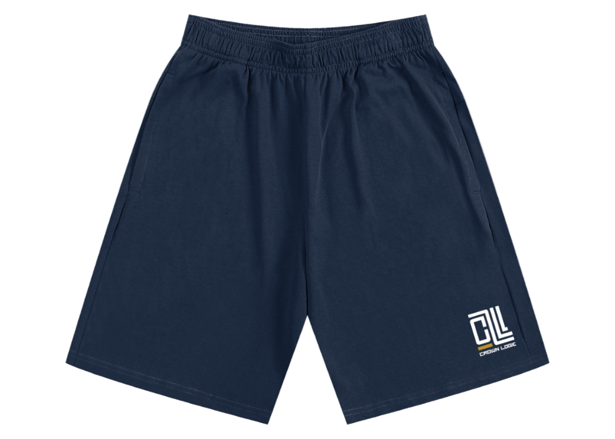 Navy shorts with a logo