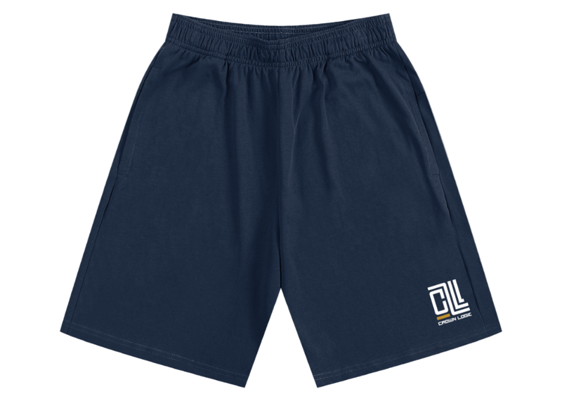 Navy shorts with a logo