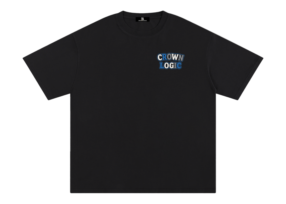 Black t-shirt with 'CROWN LOGIC' logo on a white background