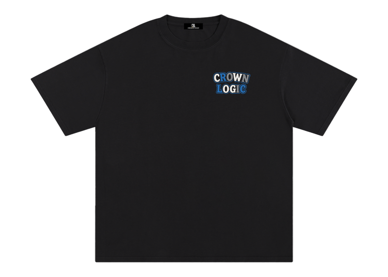 Black t-shirt with 'CROWN LOGIC' logo on a white background
