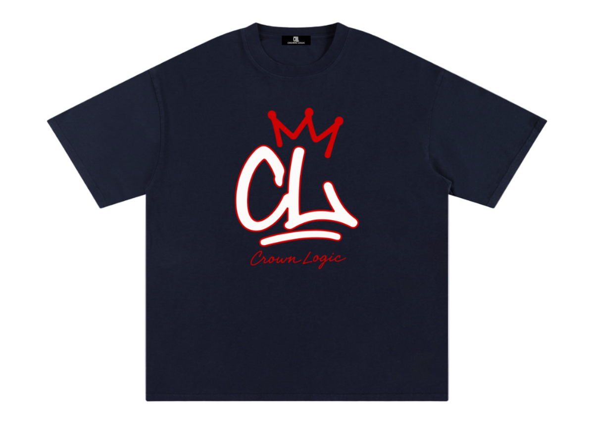 Navy t-shirt with red and white logo on a white background