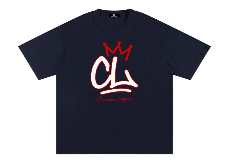 Navy t-shirt with red and white logo on a white background