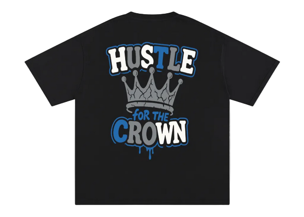 Black t-shirt with 'Hustle for the Crown' text and crown graphic on a white background