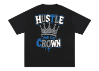 Black t-shirt with 'Hustle for the Crown' text and crown graphic on a white background