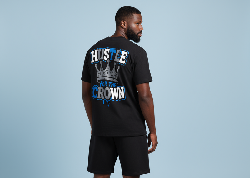 Black t-shirt with 'Hustle for the Crown' text and graphic on a white background