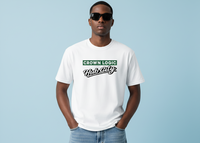 White t-shirt with 'Crown Logic Hub City' text on a white background