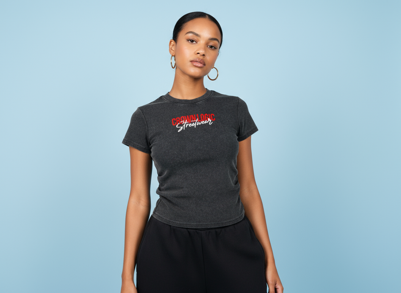 Crown Logic Curve Fitted Black Street Tee - Red/White