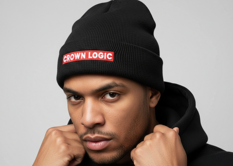 Black beanie with 'Crown Logic' logo on a white background