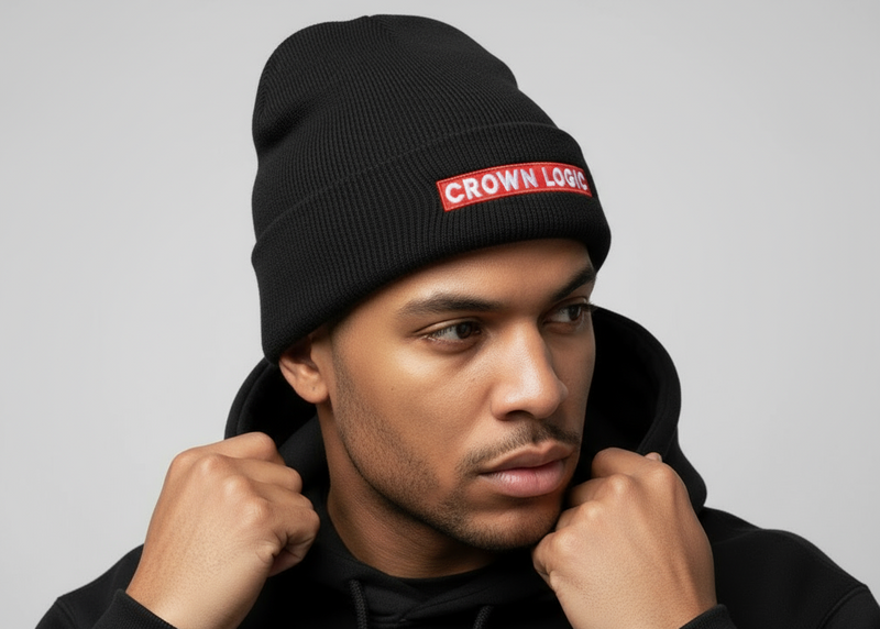 Person wearing a black beanie with 'Crown Logic' logo on a gray background