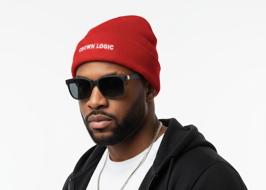 Man wearing a red beanie with 'Crown Logic' text, sunglasses, and black hoodie on a white background