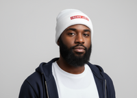 White beanie with 'Crown Logic' logo on a white background