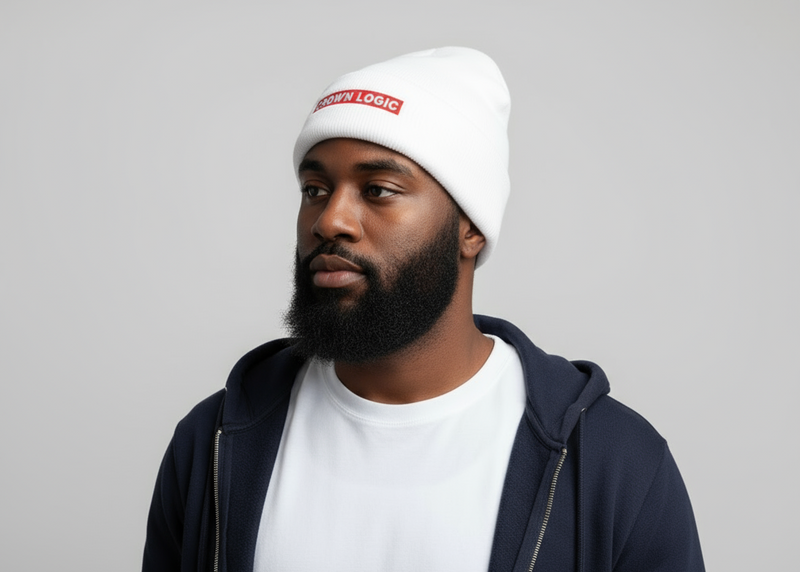 Man wearing a white beanie with 'Crown Loco' logo on a gray background