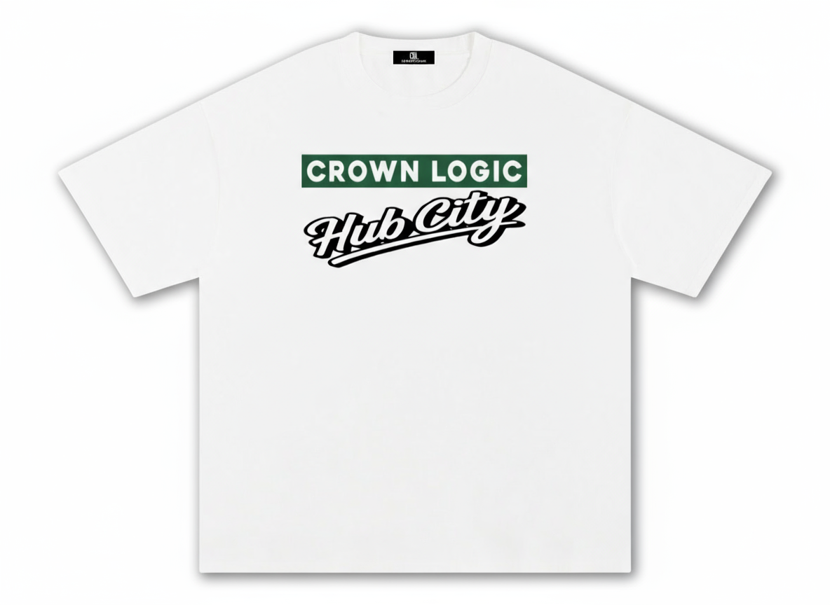 White t-shirt with 'Crown Logic Hub City' text on a white background