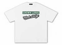 White t-shirt with 'Crown Logic Hub City' text on a white background