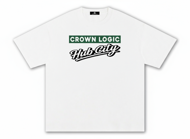 White t-shirt with 'Crown Logic Hub City' text on a white background
