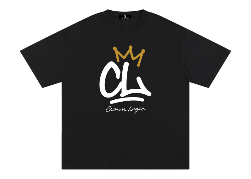 Black t-shirt with 'Crown Logic' logo on a white background